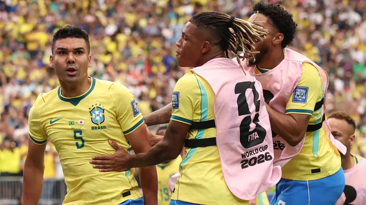 Casemiro #5 of Brazil celebrates with teammates after scoring a goal.