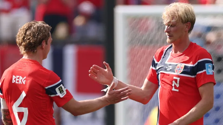 Patrick Berg #6 and Morten Thorsby #2 of Norway react.