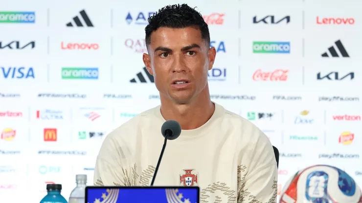 Cristiano Ronaldo #7 of Portugal speaks to the media during a press conference.