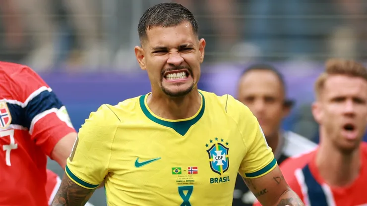 Bruno Guimaraes #8 of Brazil reacts after failing to convert a penalty.