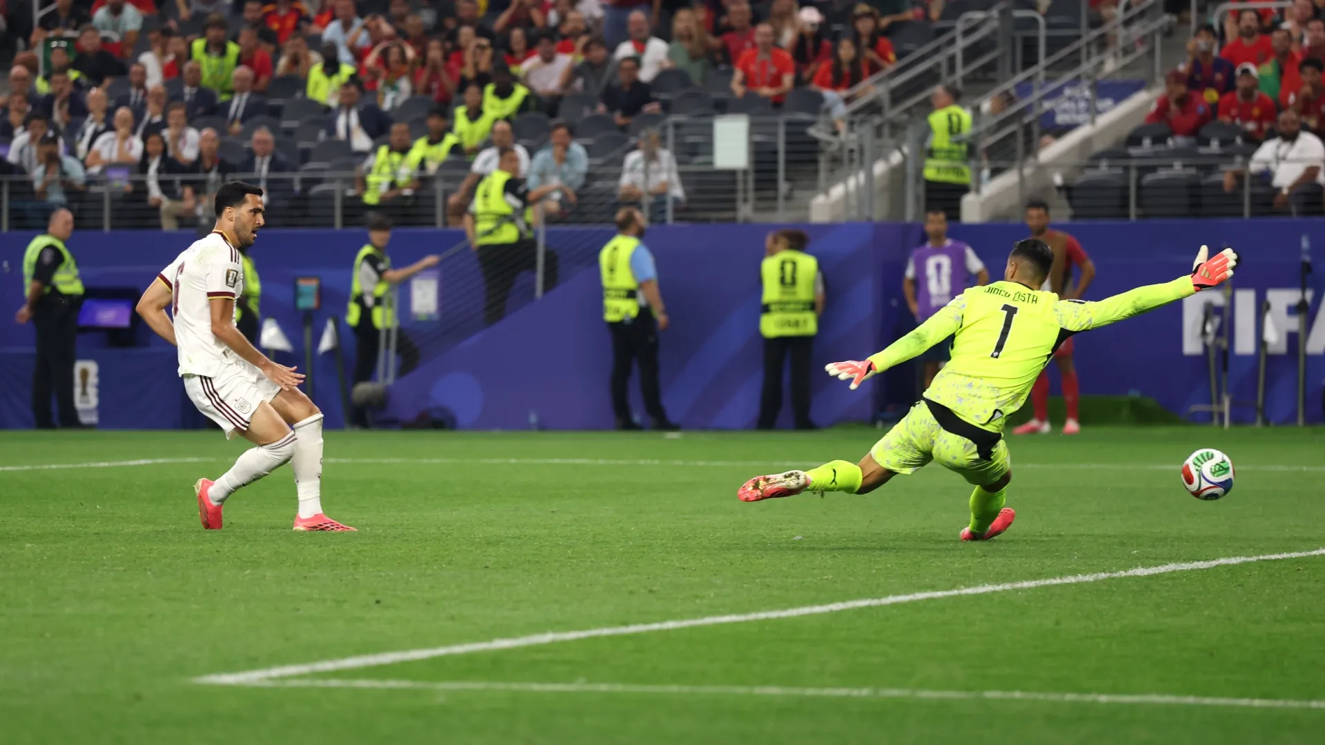 Mikel Merino #6 of Spain scores the winning goal against Portugal.