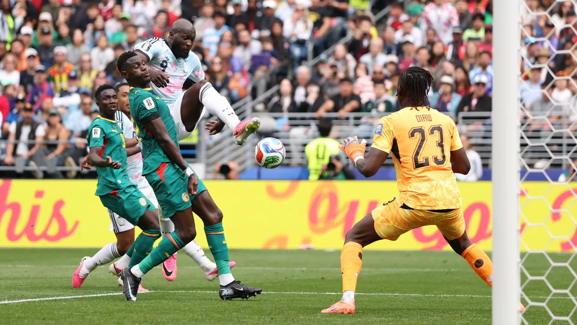 Romelu Lukaku #9 of Belgium shoots at goal against Senegal.
