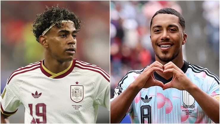Lamine Yamal #19 of Spain and Youri Tielemans #8 of Belgium.