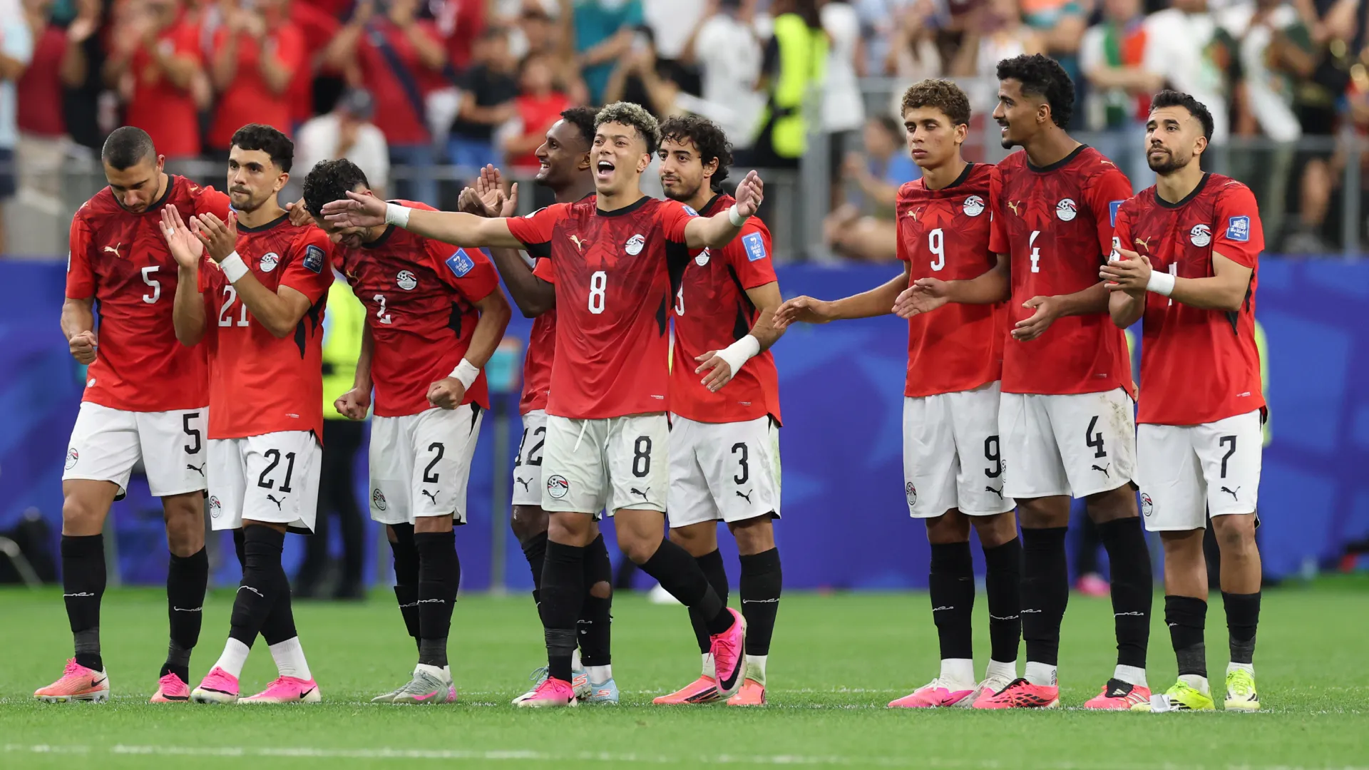 Egypt players celebrate Mohamed Salah’s penalty vs Australia. (Getty Images)