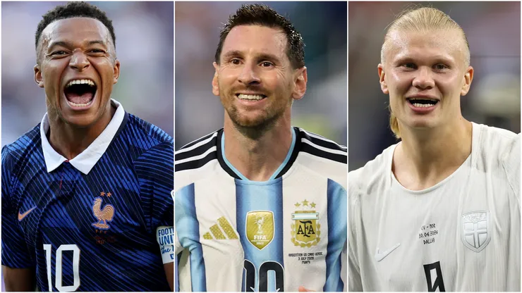 Kylian Mbappe (left), Lionel Messi (center), and Erling Haaland (right)