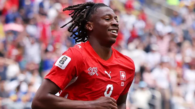 Johan Manzambi #9 of Switzerland celebrates scoring his team's third goal.