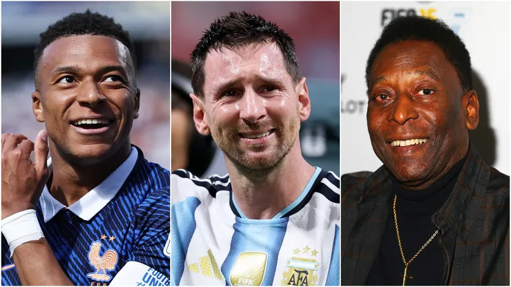 Kylian Mbappe (left), Lionel Messi (center), and Pele (right)