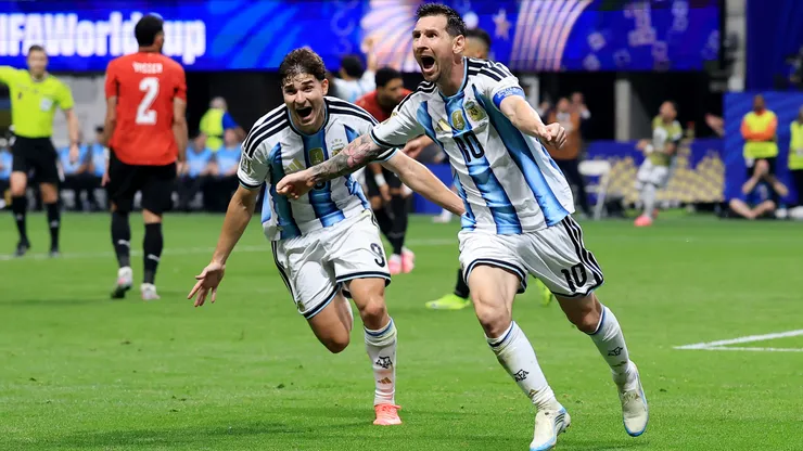 Lionel Messi celebrates a goal for Argentina.