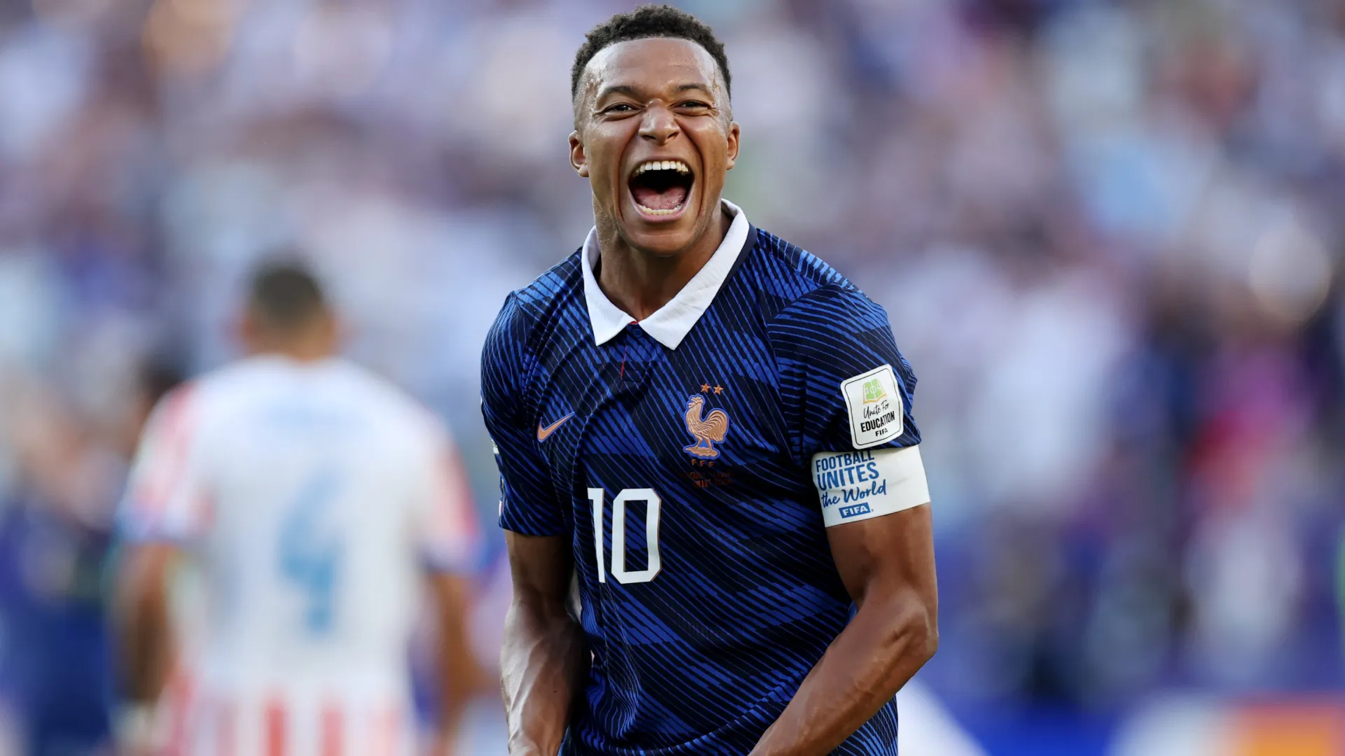 Kylian Mbappe #10 of France celebrates the team’s 1-0 victory vs Paraguay. (Getty Images)