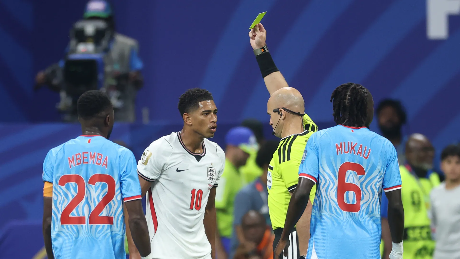 Jude Bellingham #10 of England receives a yellow card. (Getty Images)