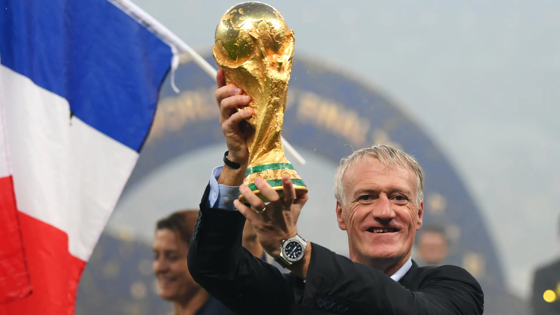 Didier Deschamps, Manager of France celebrates with the World Cup trophy in 2018. (Getty Images)