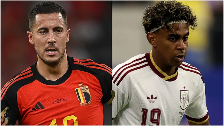 Eden Hazard of Belgium and Lamine Yamal #19 of Spain.