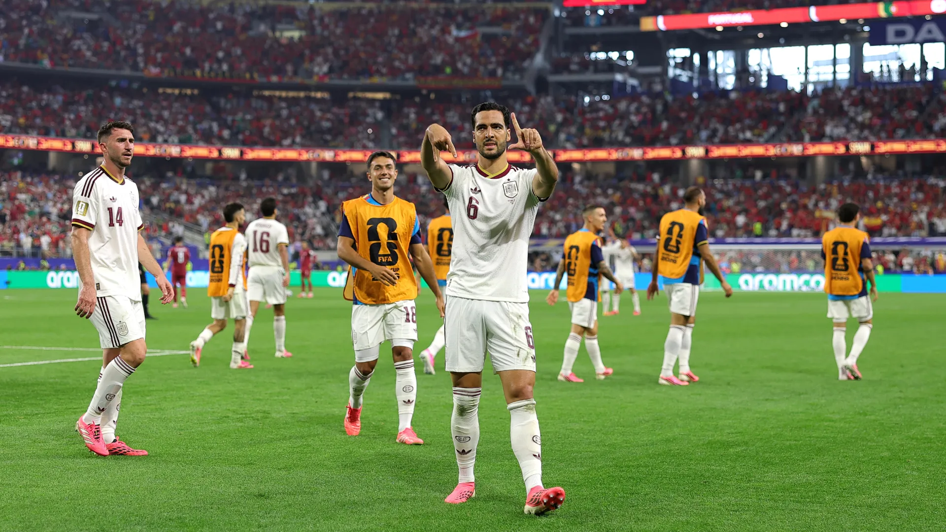Mikel Merino celebrates a goal for Spain vs Portugal. (Getty Images)