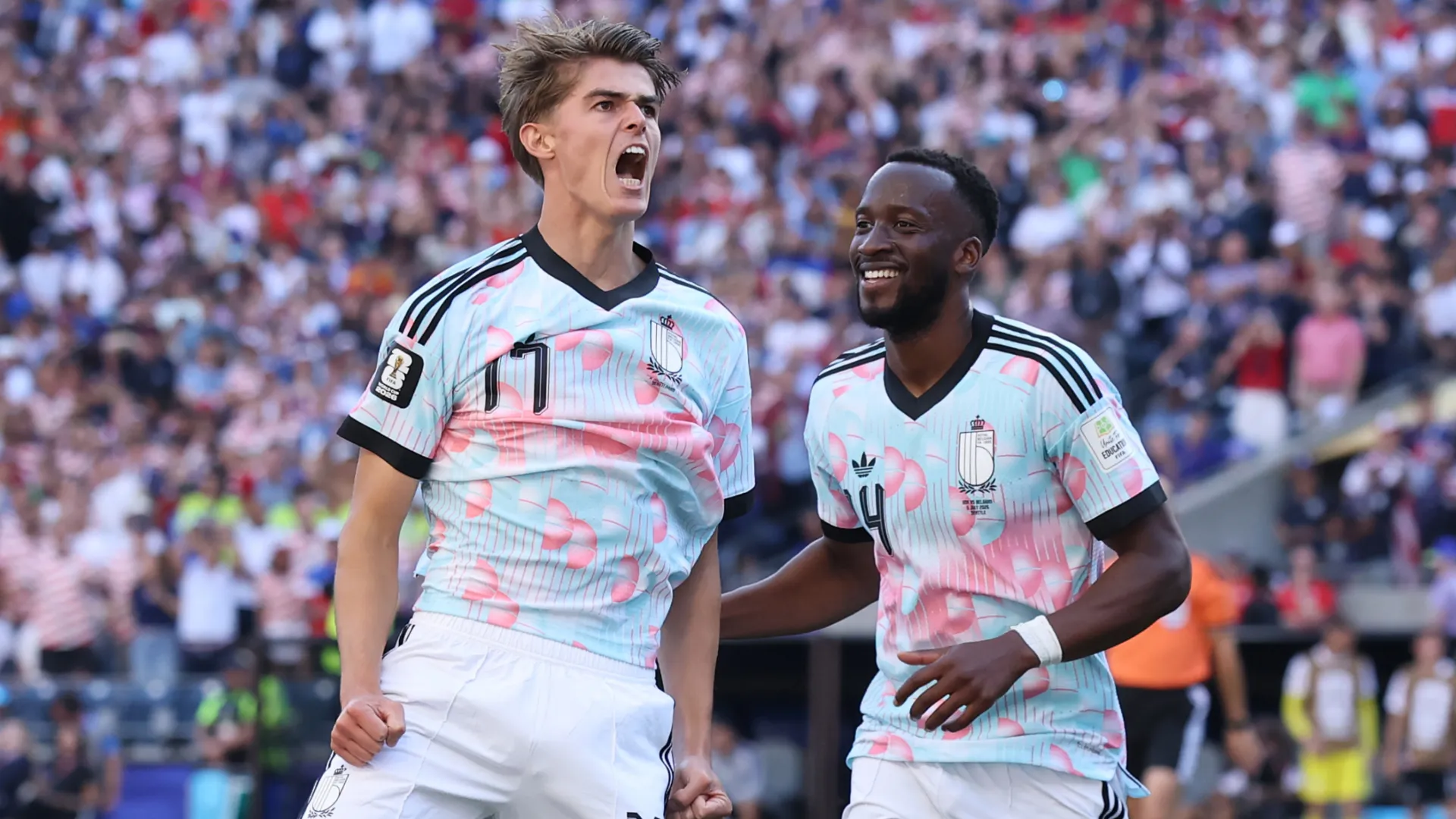 Charles De Ketelaere #17 of Belgium celebrates a goal vs the USMNT. (Getty Images)