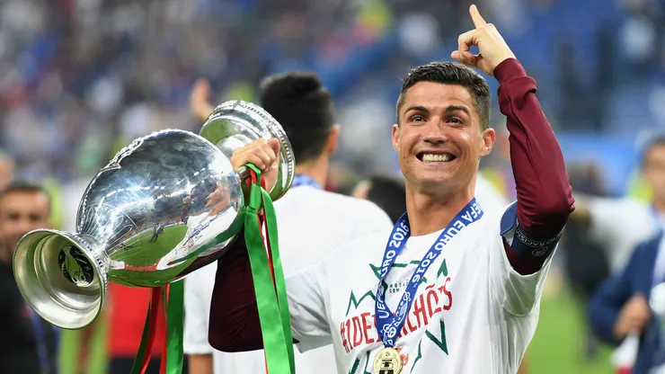Cristiano Ronaldo of Portugal holds the Euro 2016 trophy