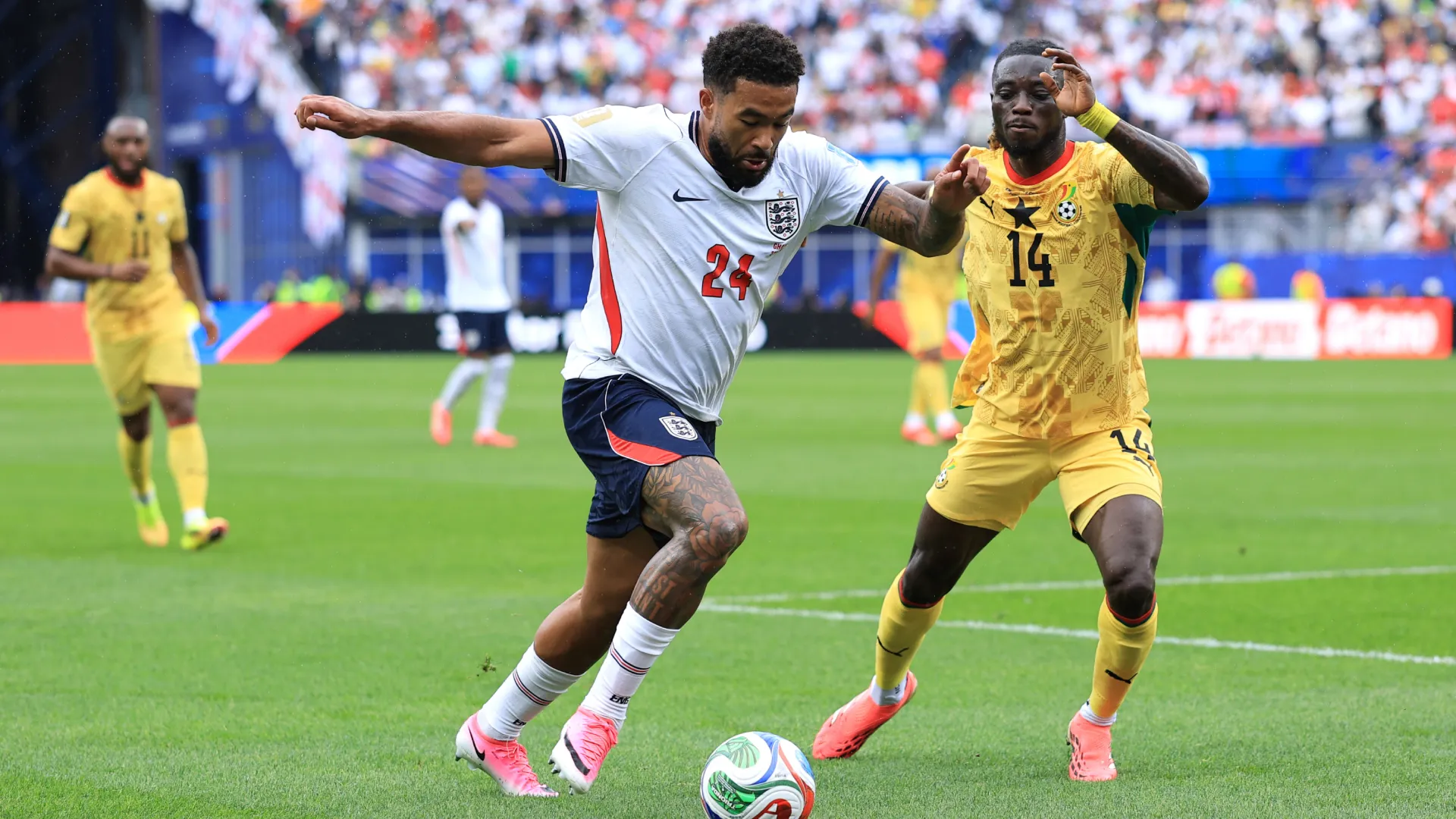 Reece James #24 of England is challenged by Gideon Mensah #14 of Ghana. (Getty Images)
