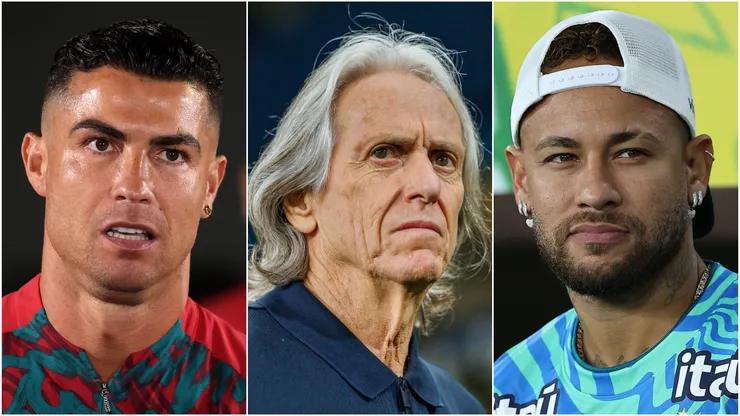 Jorge Jesus (left), Cristiano Ronaldo (center), and Neymar (right)