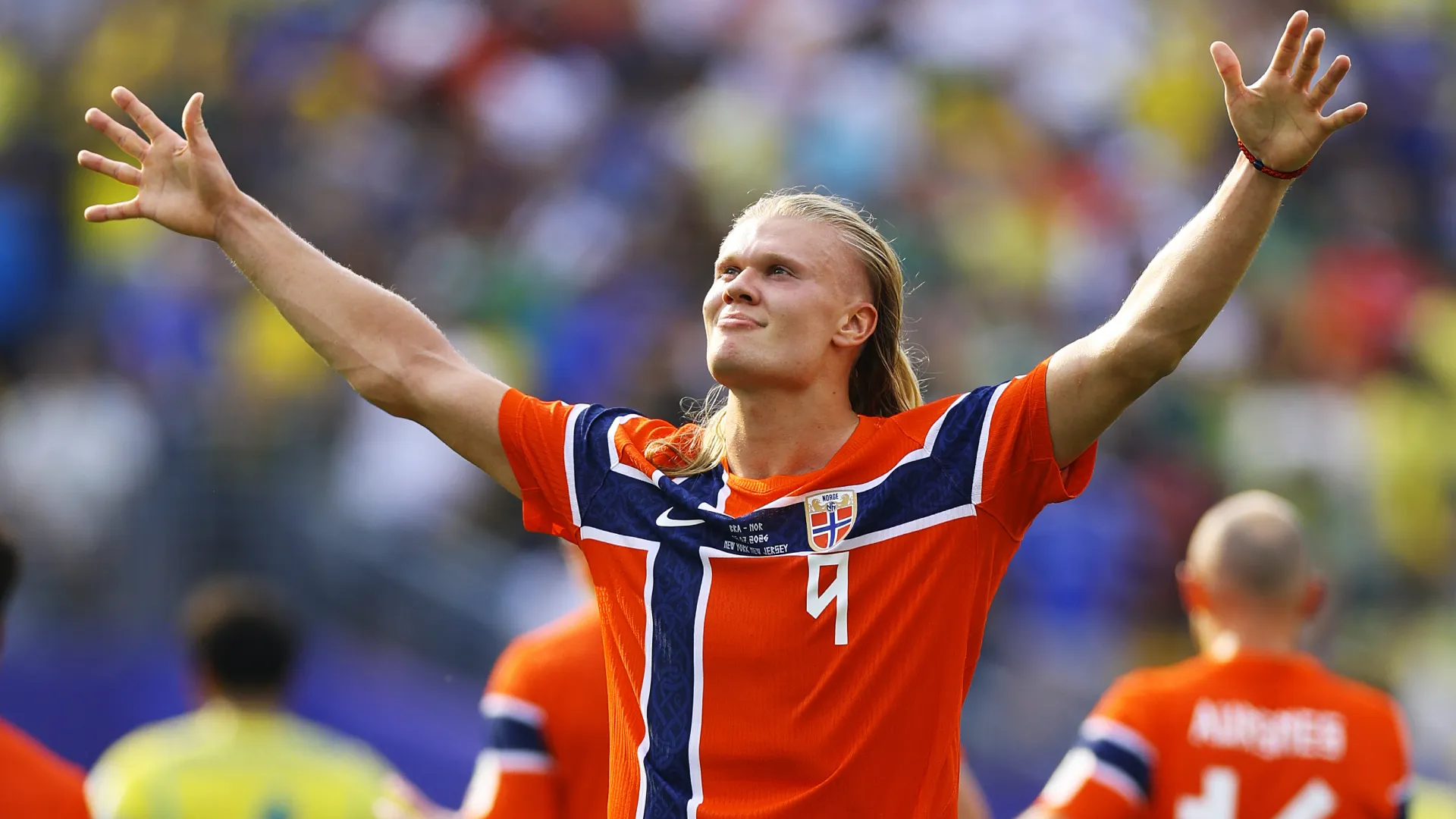 Erling Haaland celebrates a goal for Norway vs Brazil. (Getty Images)