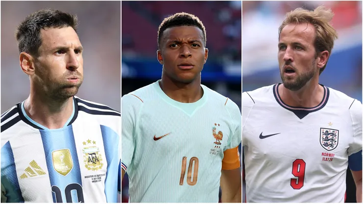 Lionel Messi #10 of Argentina, Kylian Mbappe #10 of France, and Harry Kane #9 of England.