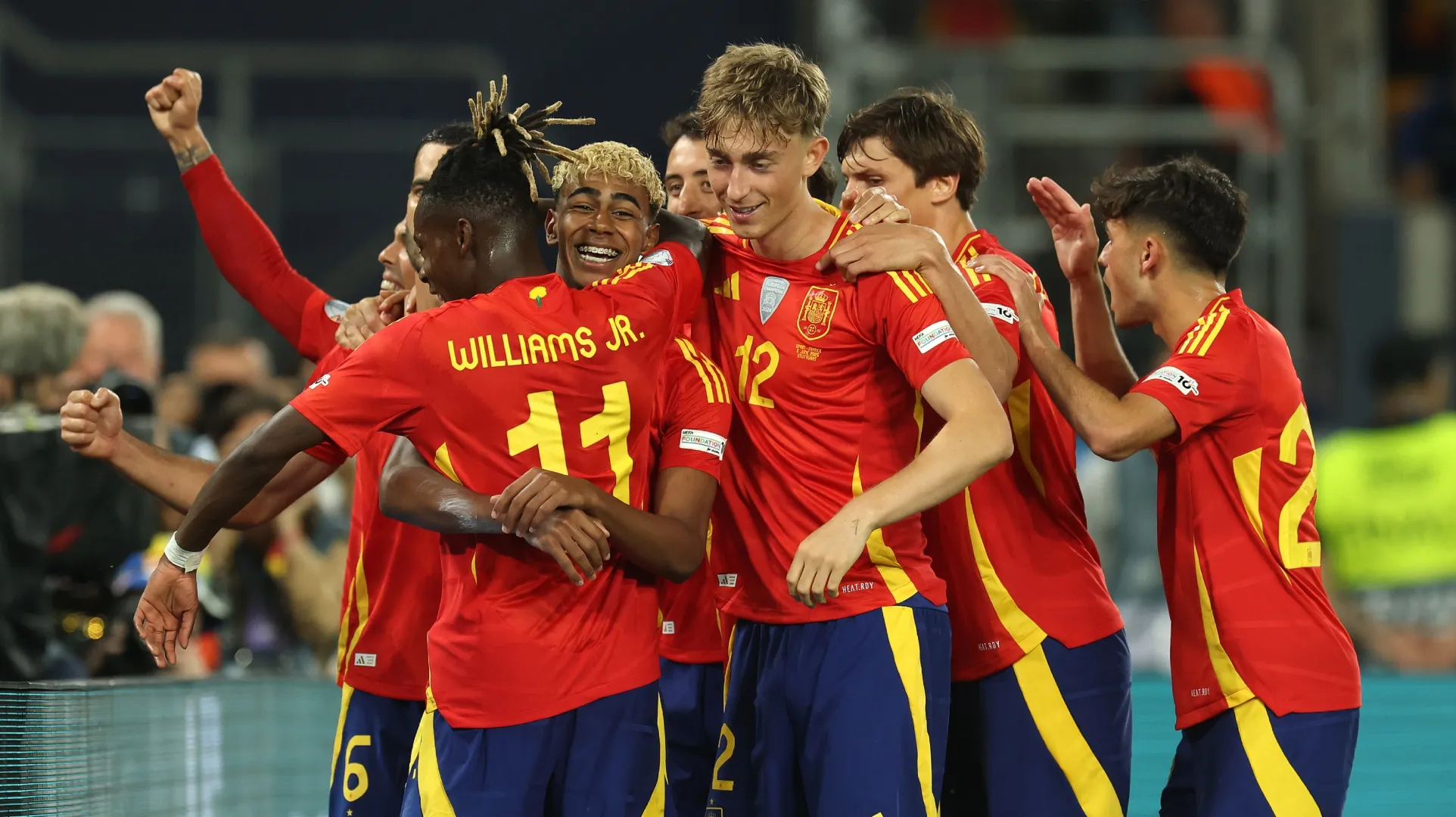 Lamine Yamal of Spain celebrates scoring against France in the UEFA Nations League 2025 semifinals.