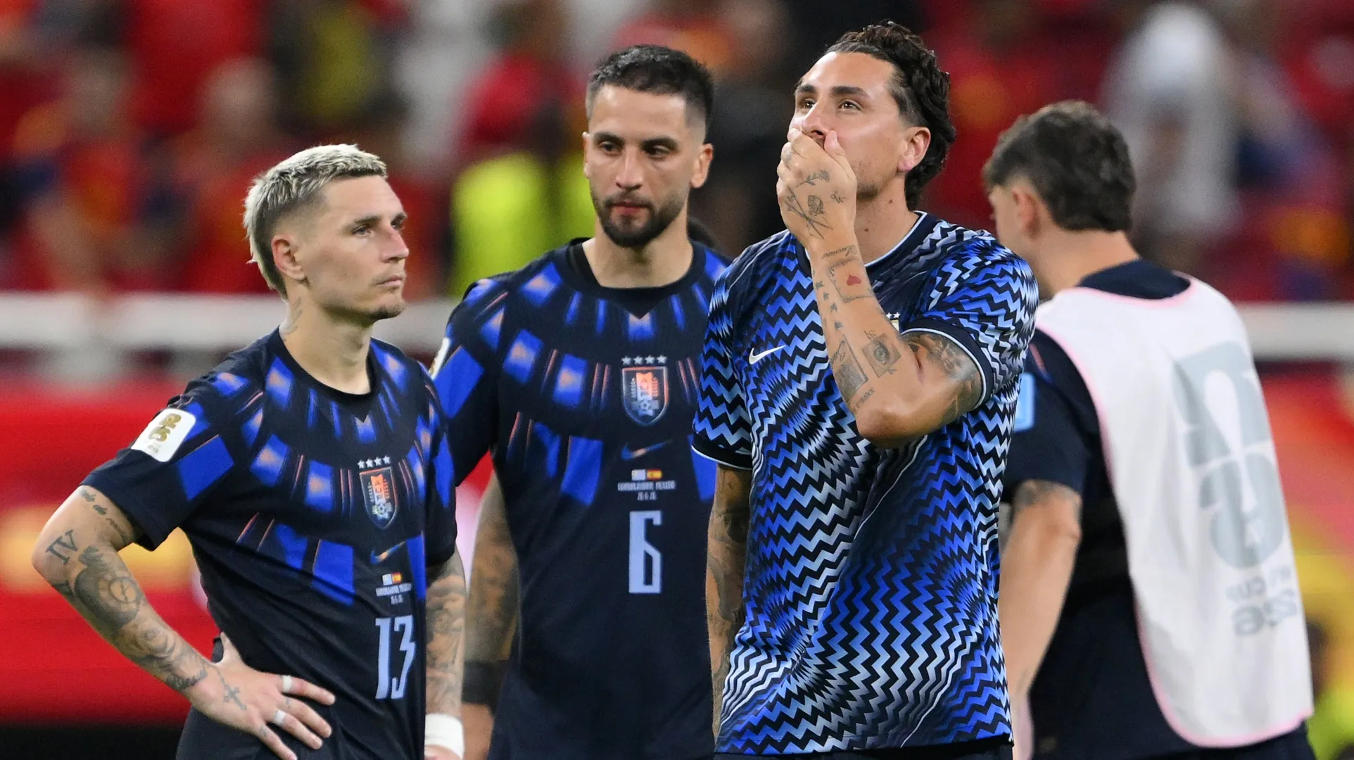 Jose Maria Gimenez #2 of Uruguay shows dejection after the team's 0-1 defeat and elimination against Spain.