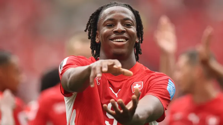 Johan Manzambi #9 of Switzerland celebrates scoring a goal.