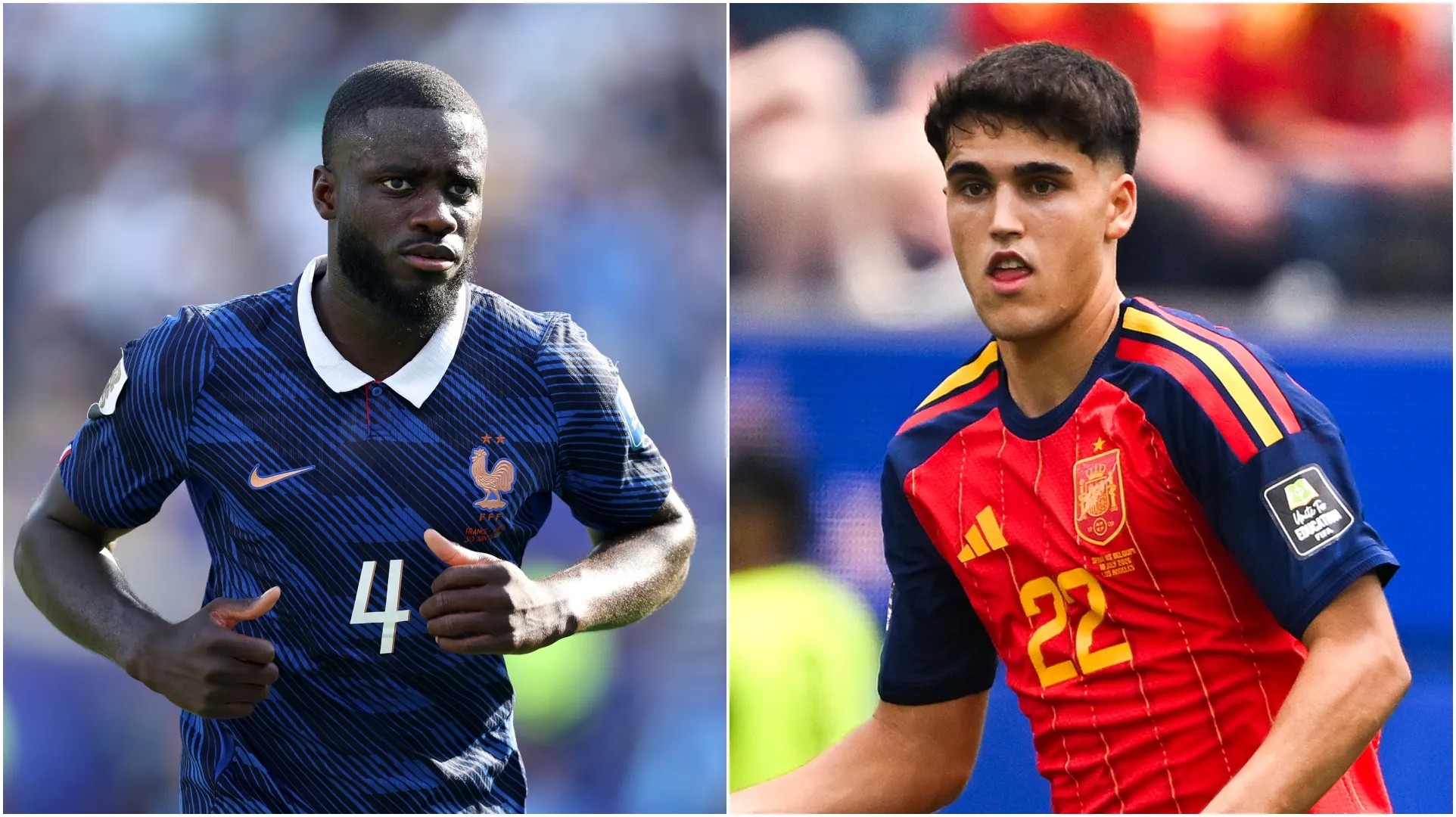 Dayot Upamecano (L) and Pau Cubarsi (R). (Dan Mullan & David Ramos/Getty Images)