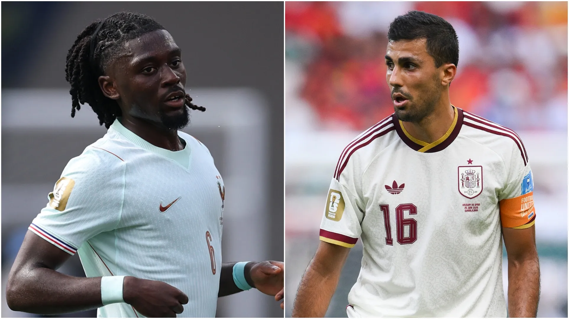 Manu Kone (L) and Rodri (R). (Mattia Ozbot & David Ramos/Getty Images)