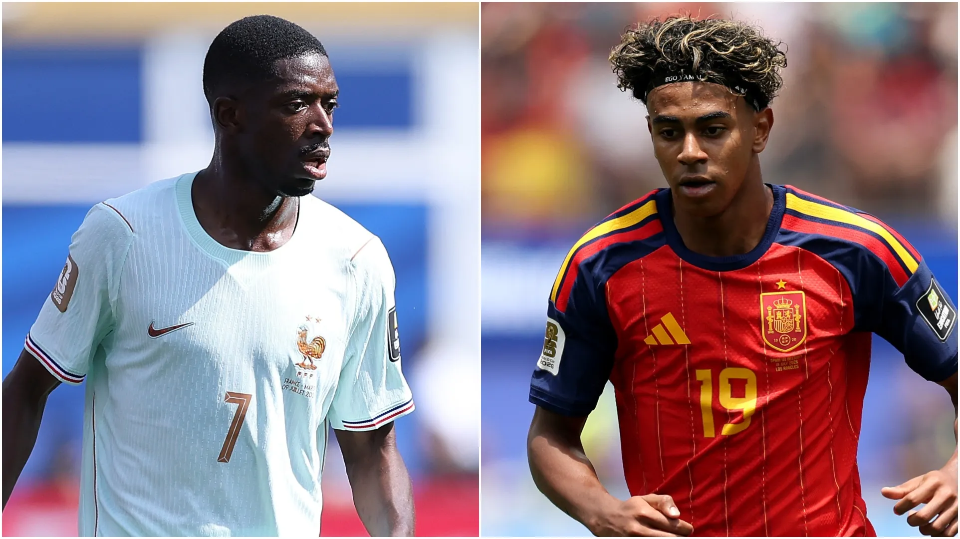 Ousmane Dembele (L) and Lamine Yamal (R). (Kevin C. Cox & Luke Hales/Getty Images)
