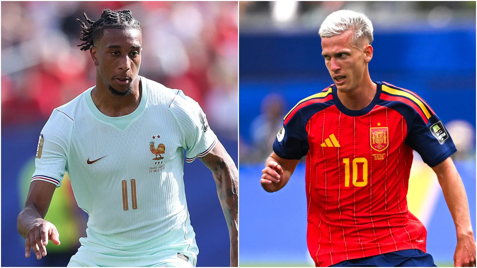 Michael Olise (L) and Dani Olmo (R). (Kevin C. Cox & David Ramos/Getty Images)