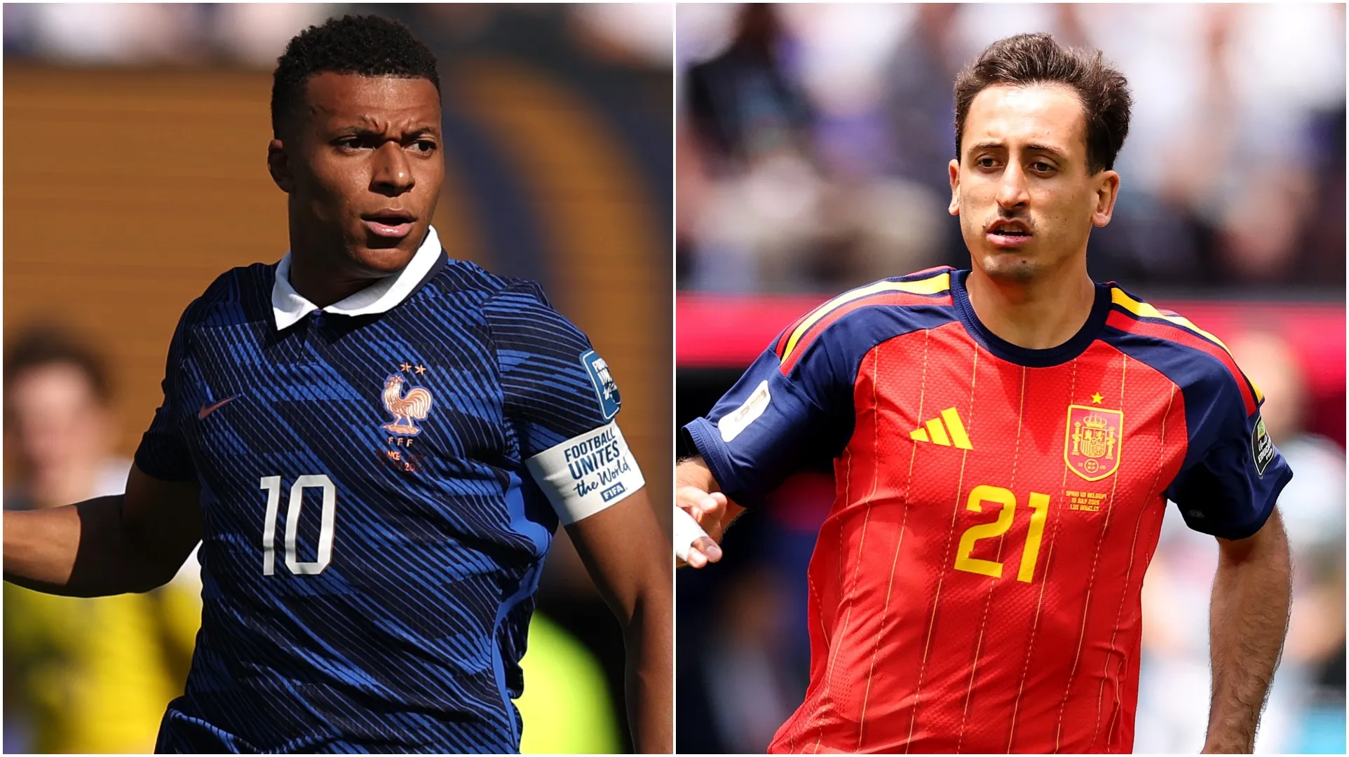 Kylian Mbappe (L) and Mikel Oyarzabal (R). (Mattia Ozbot & Carl Recine/Getty Images)