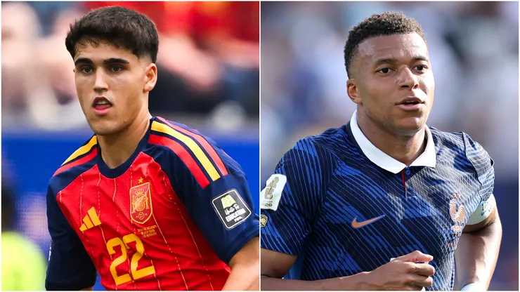 Pau Cubarsi #22 of Spain and Kylian Mbappe #10 of France.