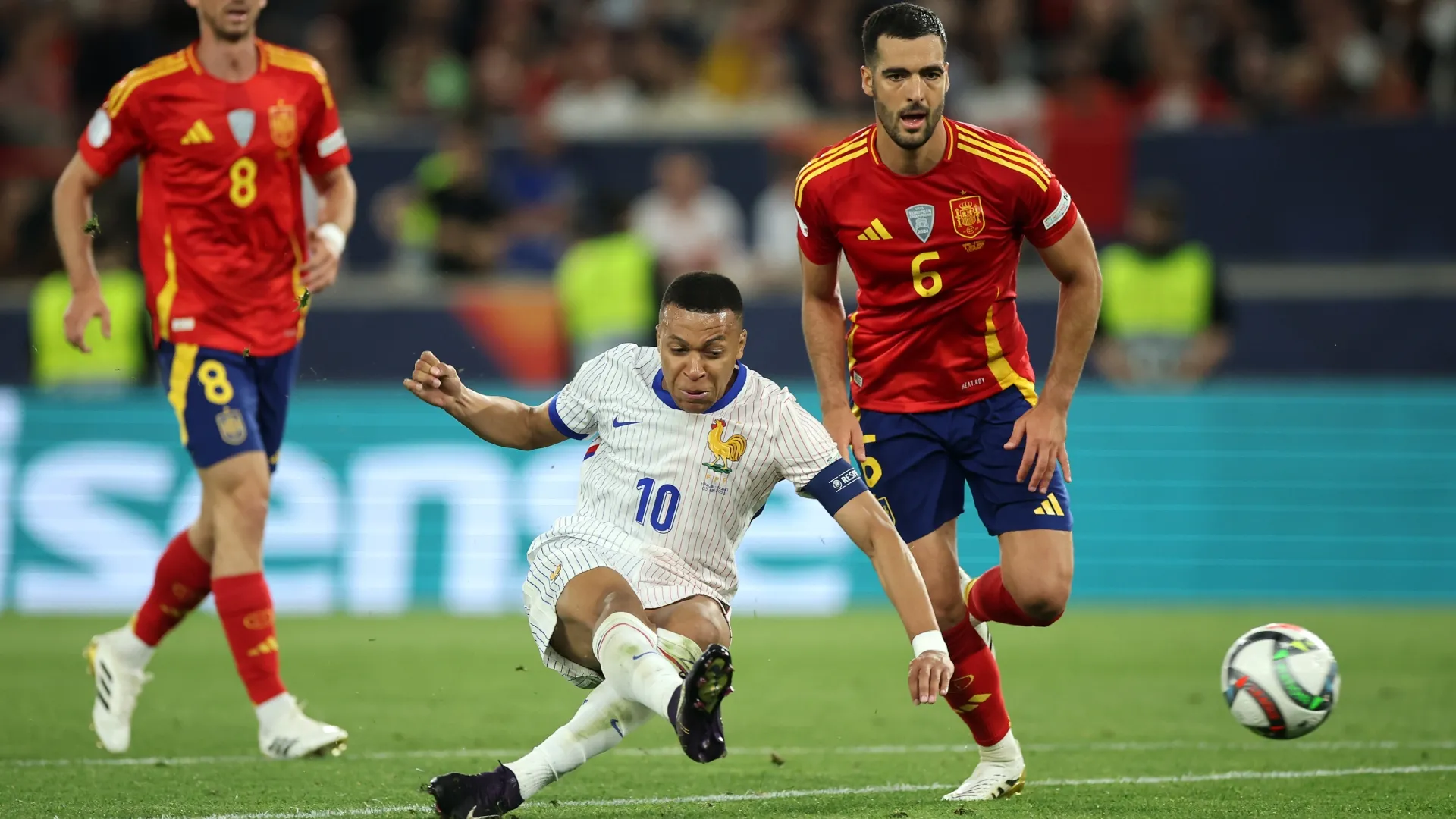 Kylian Mbappe of France shoots during the UEFA Nations League 2025.