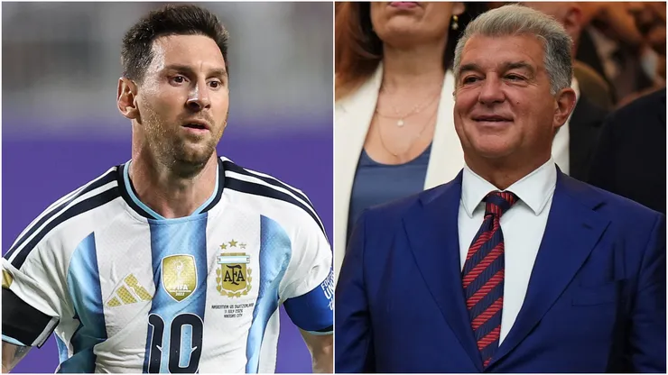 Lionel Messi #10 of Argentina and Joan Laporta, President of FC Barcelona.