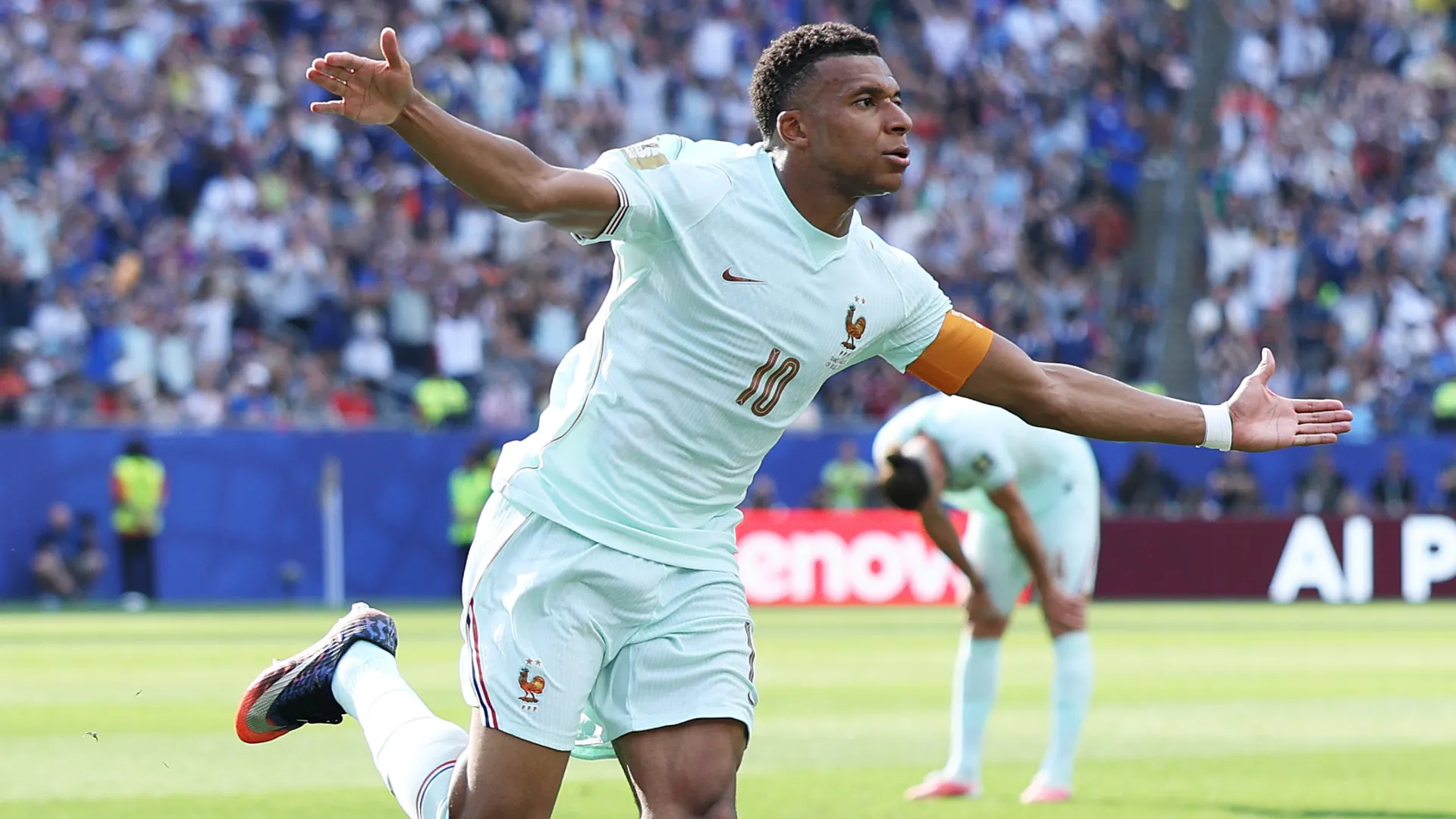 Kylian Mbappe celebrates a goal for France vs Morocco. (Getty Images)