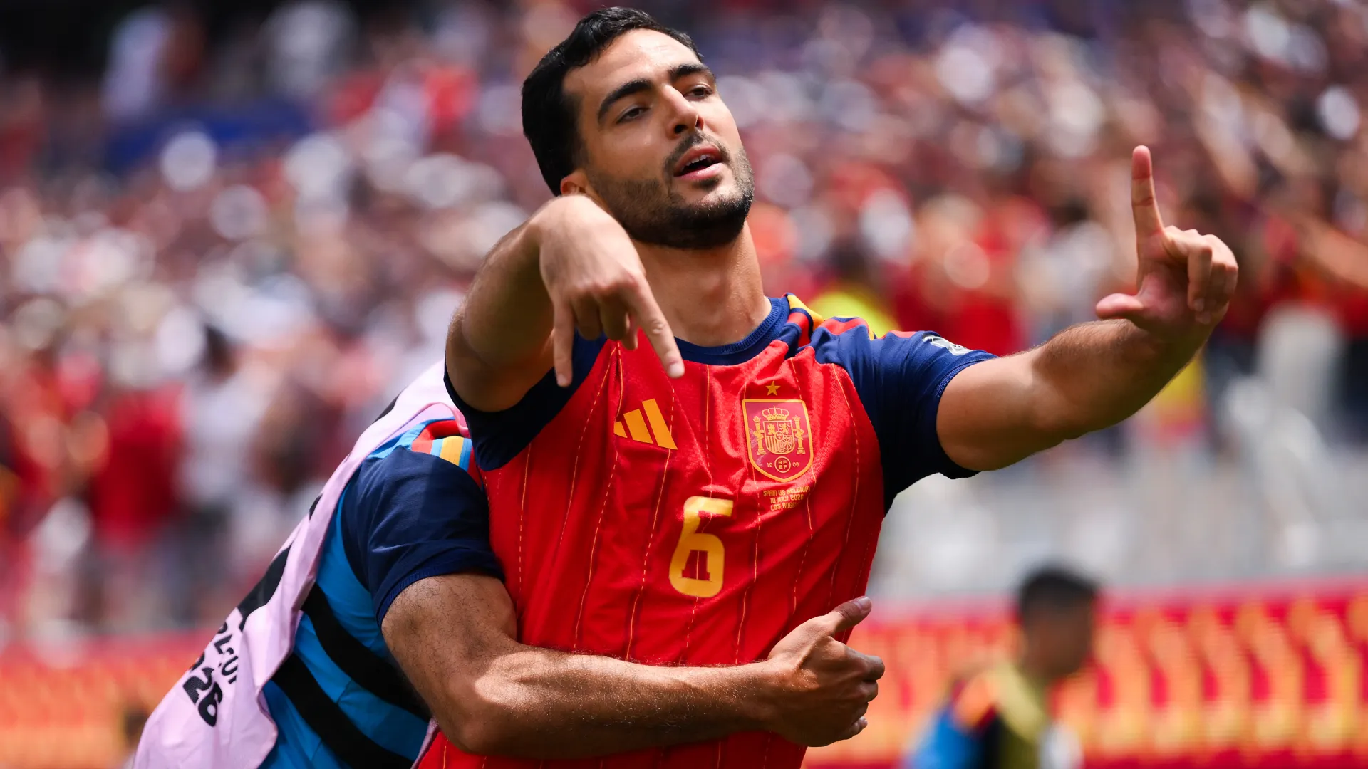 Mikel Merino celebrates a goal for Spain vs Belgium. (Getty Images)