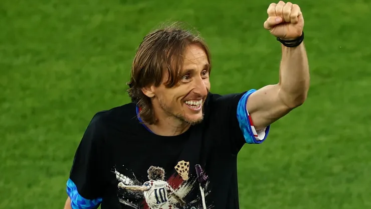 Luka Modric #10 of Croatia celebrates after earning his 200th cap.