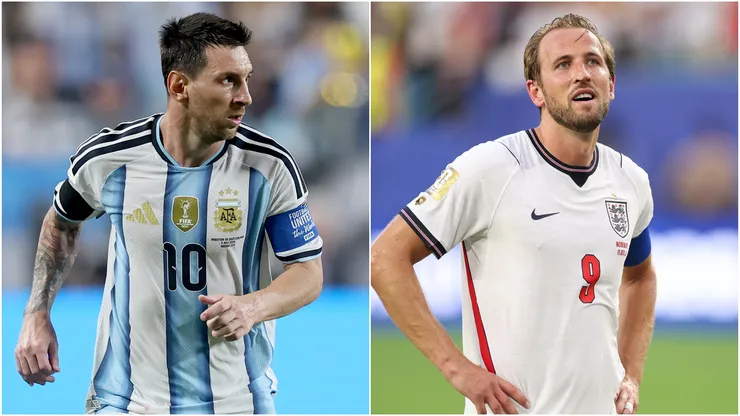Lionel Messi of Argentina (L) and Harry Kane of England (R)