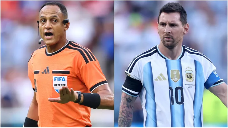 Referee Ismail Elfath and Lionel Messi #10 of Argentina.