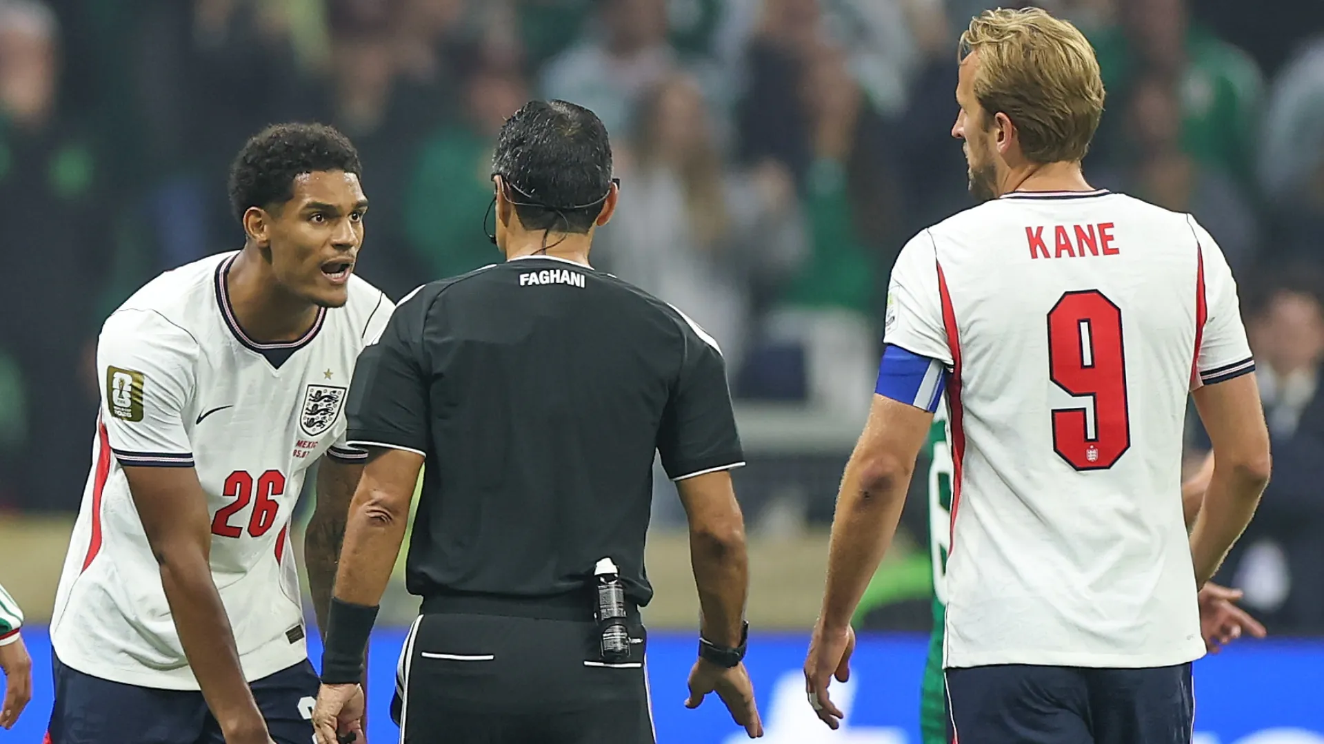 Jarell Quansah #26 of England reacts after receiving a red card by Referee Alireza Faghani.