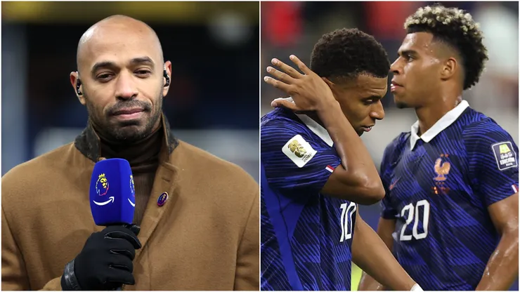 French legend Thierry Henry as TV pundit and Kylian Mbappe #10 of France and teammates.