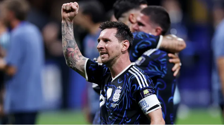 Lionel Messi #10 of Argentina celebrates after the 2-1 win against England.