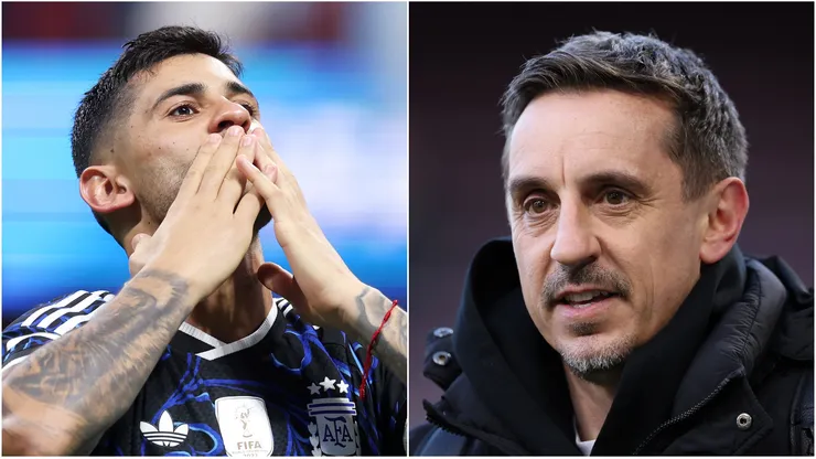 Cristian Romero #13 of Argentina and England legend Gary Neville.