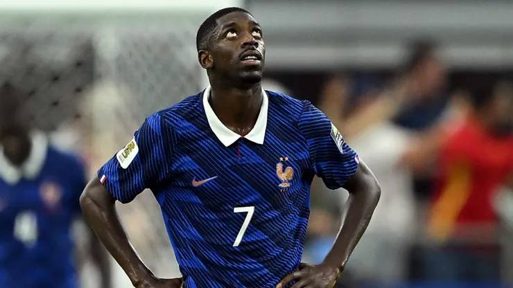Ousmane Dembele #7 of France reacts after Spain's second goal.