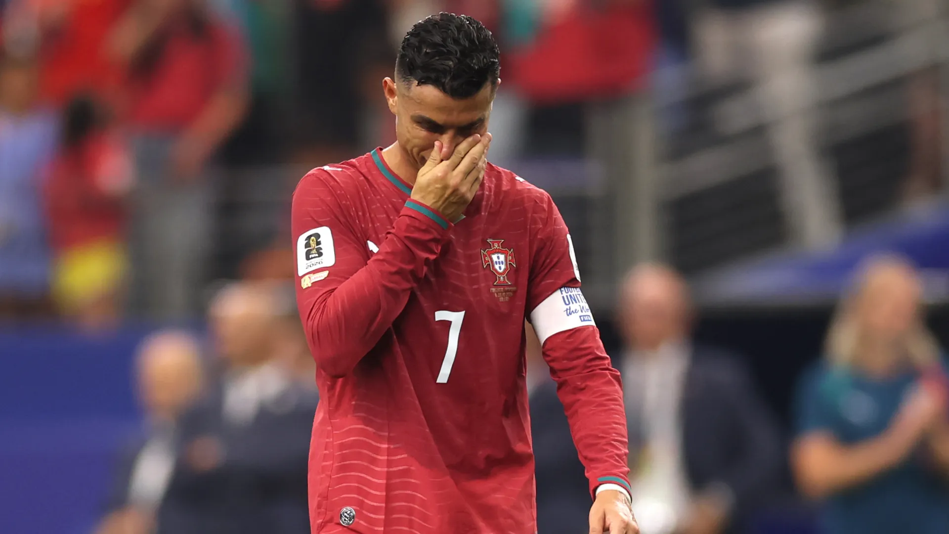 Cristiano Ronaldo #7 of Portugal shows dejection after the team’s 0-1 defeat to Spain. (Getty Images)