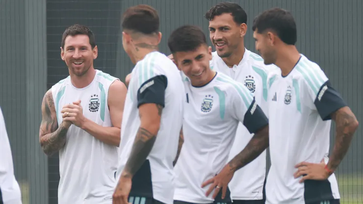 Lionel Messi #10 of Argentina reacts with teammates during a training session on July 18, 2026