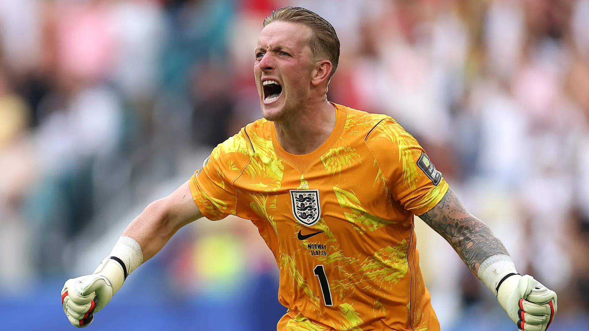 Jordan Pickford reacts during England’s game vs Norway. (Getty Images)