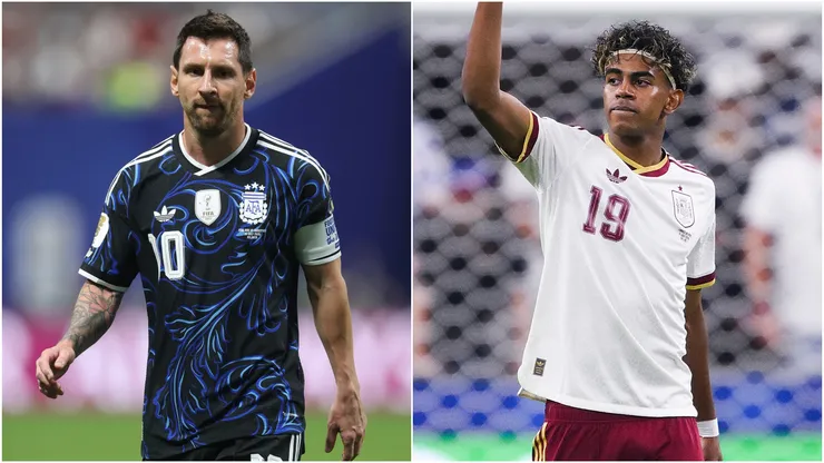 Lionel Messi of Argentina and Lamine Yamal of Spain