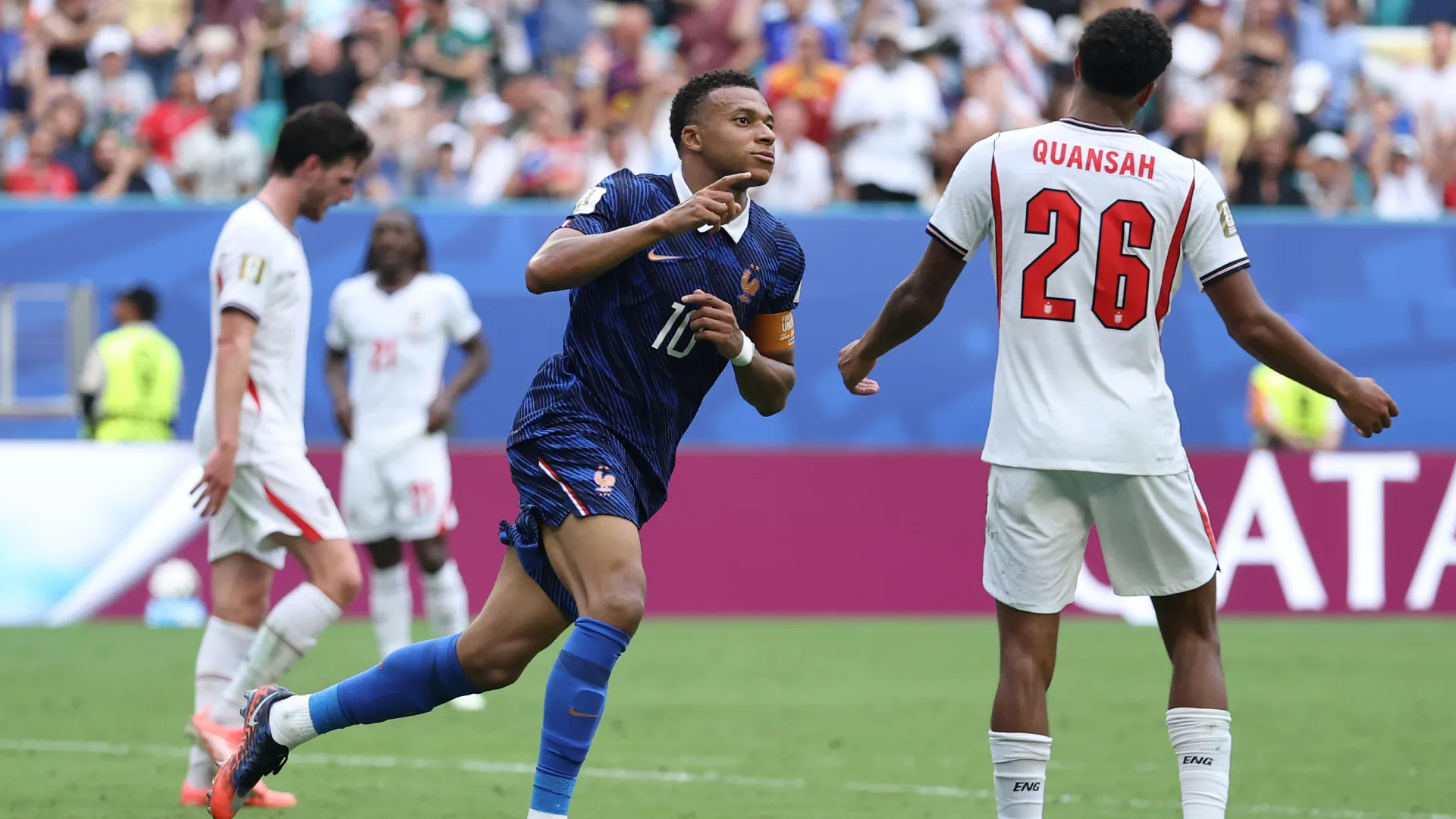 Kylian Mbappe celebrates a goal vs England. (Getty Images)
