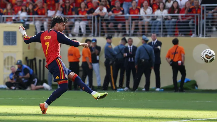 Ferran Torres of Spain scores against Argentina.